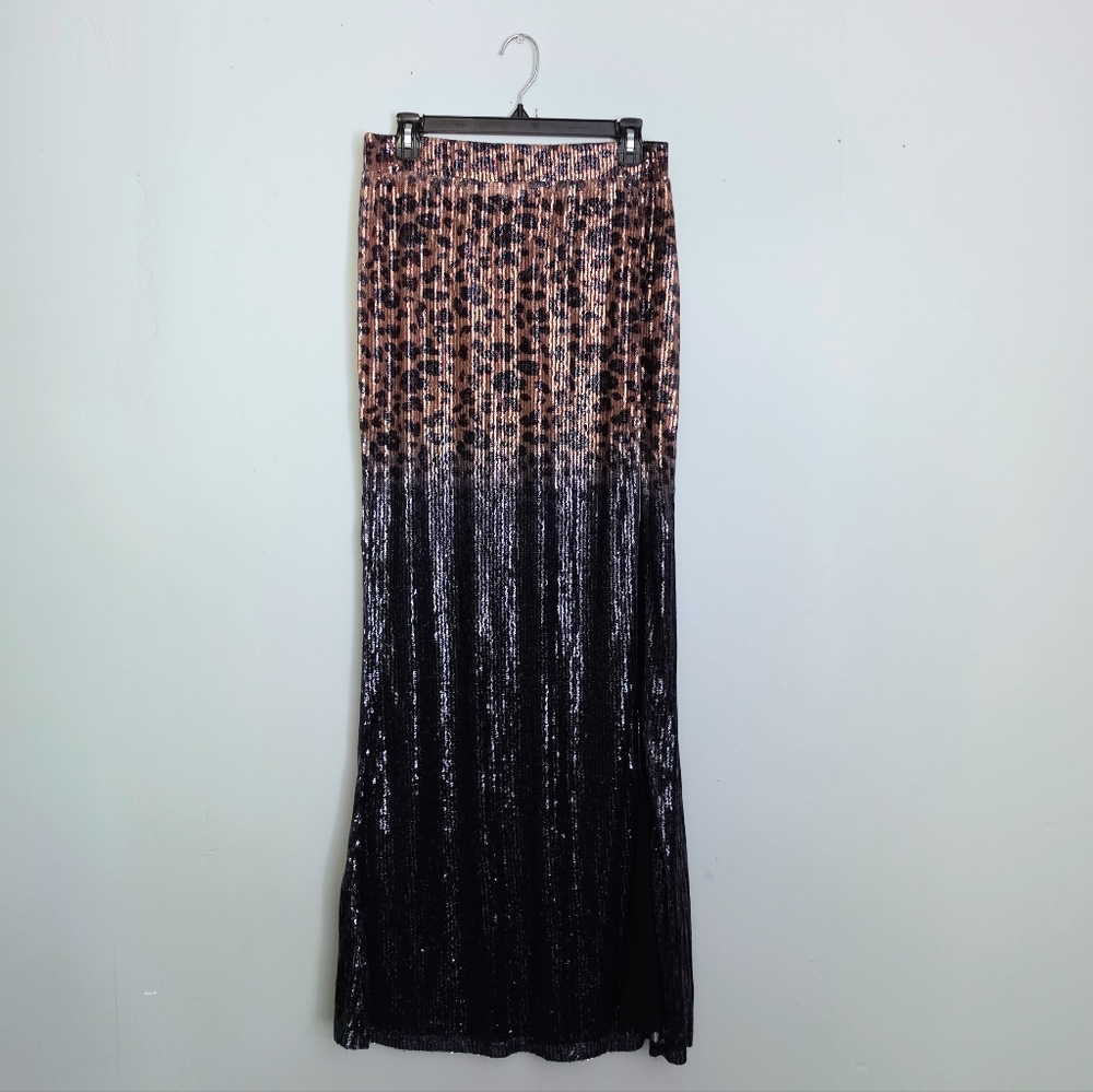 NWT Lucky & Blesed Sequin Leopard Print/Black Ombre Maxi Skirt